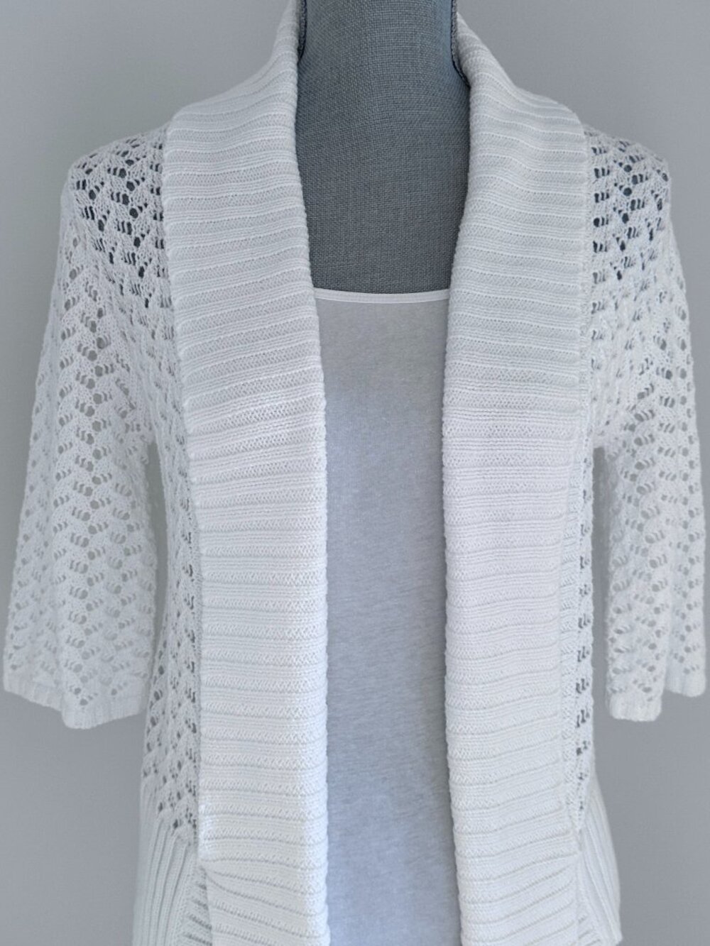 Vtg Crotchet Knit Shawl Collar Open Cardigan sz S-M - Off White